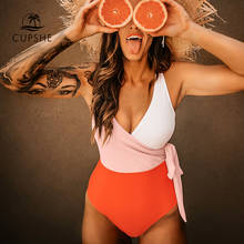Cupshe-bañador de una pieza para mujer, de colores naranja y blanco traje de baño, cinturón de retazos con lazo, Monokini con cuello en V, traje de baño para playa 2021 2024 - compra barato