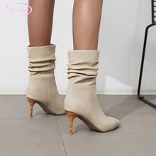 Botines de punta estrecha para mujer, botas de tacón alto plisado, sin cordones, talla grande 2024 - compra barato