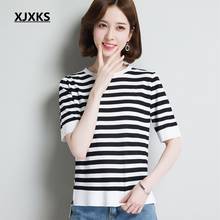 XJXKS Women Short Sleeve T Shirt Classic Black White Striped T-shirt Women Knitted T-shirt Casual Tope Tees Harajuku Tshirt 2024 - compre barato