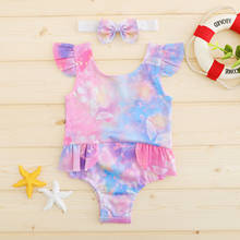 TELOTUNY-traje de baño para niñas pequeñas, bañador de una pieza con estampado de mariposas y arcoíris, con volantes, Bikini con diadema 2024 - compra barato