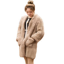 Casacos de pele verdadeira feminino, jaqueta de malha de pele de coelho grossa com 90cm de comprimento 2024 - compre barato
