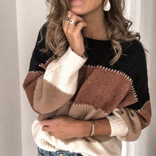 2020 inverno retalhos pullovers mulher suéteres feminino outono moda solto o pescoço manga comprida malha camisola feminina casual topos 2024 - compre barato