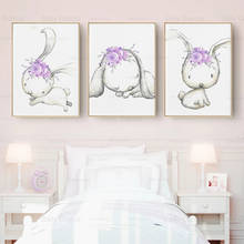 Coelho bonito papel de parede cartaz roxo floral pintura da lona esboço arte artesanato nórdico impressão imagens crianças decoração do quarto 2024 - compre barato