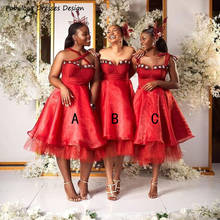 Red Organza Tea Length Bridesmaid Dresses For Black Girls 2021 Appliques A Line Wedding Party Dress Robe De Soiree De Mariage 2024 - buy cheap