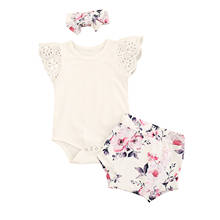 0-24M Toddler Baby Girls Clothes Solid Color Lace Fly Sleeve Jumpsuit and Flower Short Pants with Headband Baby Summer Clothing 2024 - buy cheap