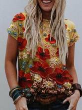 Женская футболка, Новинка лета 2021, модная женская одежда с цветочным принтом, топы с коротким рукавом и круглым вырезом, женские свободные футболки 2024 - купить недорого