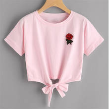 Summer T shirts Fashion Sweet Short Sleeve T-shirt Women Casual Slim Tees Rose Embroidery tshirt Womens Crop Tops Bandage 2024 - buy cheap