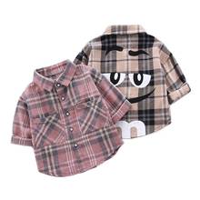 Camisa clássica xadrez com lapela e bolso, camisa xadrez de manga longa para meninos e meninas, roupa infantil fofa de primavera e outono 2024 - compre barato