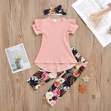 Conjunto de roupa infantil para meninas, camiseta plissada com manga curta, calça floral, conjunto com faixa de cabeça, trajes de verão para crianças e bebês 2024 - compre barato