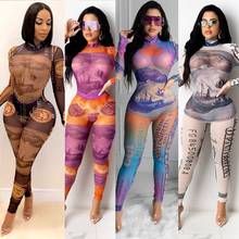 Sexy Mesh Money Print Jumpsuit Woman Long Sleeve Us Dollar Rompers See Through Bodycon One Piece Club Outfit Spring Clothes 2024 - buy cheap