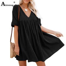 Aimsnug Women Elegant Lerisure Short Dress Half Sleeves Female Mini Loose Dresses V Neck 2020 Summer Casual Solid A-line Dress 2024 - buy cheap