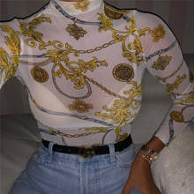 Женская сетчатая прозрачная рубашка с принтом, блузки, верхняя одежда, водолазка, топы с длинными рукавами, Прозрачная Тонкая рубашка, облегающая Клубная блуза 2024 - купить недорого