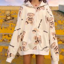 Japanese Spring Autumn New Bear Print Cardigan Hooded Jacket Thin Soft Girl Student Loose Zipper Coats Women Harajuku Jackets 2024 - buy cheap