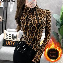 Camisa feminina manga longa estampa de leopardo, camisa feminina coreana elástica de gola alta transparente 2024 - compre barato