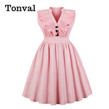 Tonval Plus Size Vintage Dresses for Women Button Front V Neck Ruffle Trim Pink Elegant Party Pleated Midi Dress 2024 - buy cheap