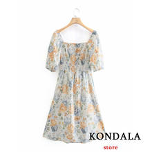 Kondala vestido feminino floral, estampa vintage, gola quadrada, manga bufante, verão, moda 2021, vestidos casuais 2024 - compre barato