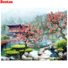 Pintura diamante broca completa quadrado chinês jardim edifício lago paisagem diamante bordado ponto cruz kit strass decoração 2024 - compre barato