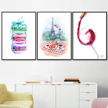 Aquarela paris macaron café croissant vinho nórdico cartazes e impressão da parede pintura em tela imagem da parede cozinha decoração de casa 2024 - compre barato