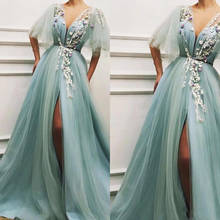 Turquoise Long Evening Dress Sexy High Slit V Neck Tulle Prom Dresses 2021 Applique Flowers Arabic Women Formal Party Gowns 2024 - buy cheap