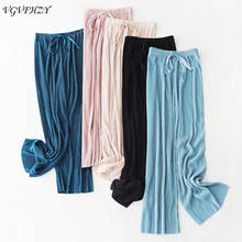 Женские брюки из шелка льда, новые модные корейские однотонные брюки со шнуровкой и эластичной резинкой на талии, повседневные свободные широкие брюки, Femme 2024 - купить недорого
