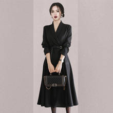 Temperament High-End OL Office Women Long Dress Female 2021 Spring Notched Collar Long-Sleeved With Belt Big Swing Dress 2024 - buy cheap