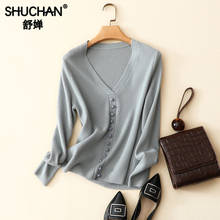 Shuchan-suéter de punto de Cachemira con cuello en V para mujer, suéteres sólidos de oficina, coreano, cálido, Otoño e Invierno 2024 - compra barato