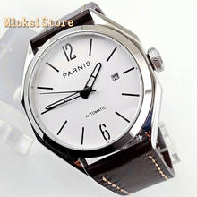Parnis relógio masculino de luxo, capa prateada de 43mm para homens, cristal de safira, pulseira de couro luminosa, 21 joias, relógio automático com movimento miyota 2024 - compre barato