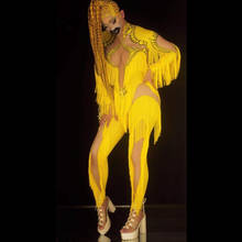 Fashion Women Gogo Dance Costumes Tassel Leggings Yellow Fringe Skinny Spandex Jumpsuit  Prom Party Show Stage Costume DN7300 2024 - buy cheap