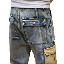 Calças jeans masculinas com bolsos laterais cargo, calças jeans masculinas de bolso múltiplo, descontraída, calça de corrida elástica em denim tamanho 40 42 2024 - compre barato