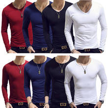 Logotipo personalizado blanco básico ajustado hombres camiseta de primavera y otoño que basa la camisa de los hombres de cuello redondo cuello en V Casual Tops camisas de manga larga 2024 - compra barato
