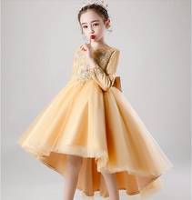Высококачественное кружевное платье принцессы с золотыми бусинами для девочек; Детское бальное платье с цветочным узором для девочек на свадьбу, день рождения 2024 - купить недорого
