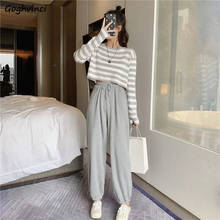 Комплект укороченный женский в полоску Ulzzang, эластичный Топ с длинным рукавом, стильная уличная одежда в Корейском стиле, простая шикарная Повседневная Свободная одежда 2024 - купить недорого