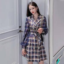 Vestido de inverno feminino, outono 2019, malha, manga longa, para escritório, casual, blazer, mini vestidos xadrez, robe feminino 2024 - compre barato