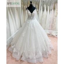 Ivory Tulle Lace Appliques Spaghetti Straps V-Neck Floor-Length Ball Gown Wedding Dresses Chapel Train Sleeveless Custom Made 2024 - buy cheap