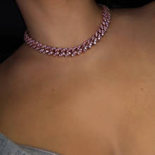 PINK girl women jewelry micro pave pink cz miami cuban link chain choker necklace female hip hop jewelry fashion 2024 - buy cheap