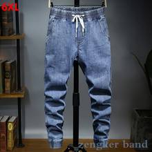 Calça jeans masculina plus size, calças de harém com três pontos de cintura elástica no tornozelo, calça solta de marca 2024 - compre barato