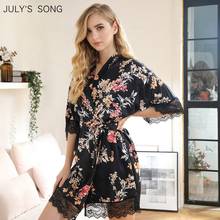 JULY'S SONG Faux Silk Nightgown Female Summer Sleepwear With Belt Flower Plant Print Sexy Bathrobe Morning Gown Stain Women Robe 2024 - buy cheap