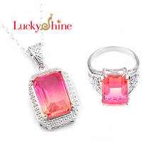 luckyshine 2Pcs Christmas Gift Sets Pendant Rings Jewelry rectangle Bi Colored Tourmaline Gems Wedding Jewelry Gift 2024 - buy cheap