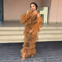 Fashion Copper Brown Tiered Ruffles Tulle Long Robe See Thru Straight Tulle Kaftan Full Sleeves Prom Gowns 2021 2024 - buy cheap