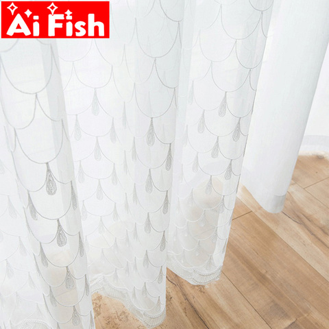 Embroidery White New Design Fish Scales, Patterned Sheer Curtains