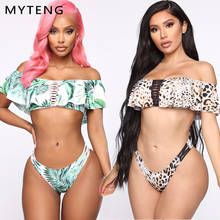 Sexy bandeau bikini 2020 mujer leopard plant print swimsuit women ruffle high cut biquini push up Summer bathers bathing suit 2024 - buy cheap