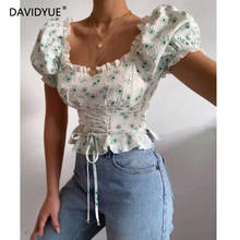 Crop top women ruffle shirts vintage floral blouse elegant puff sleeve top lace up sexy top women korean white shirt streetwear 2024 - buy cheap