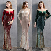 Velvet Sequins Elegant Mermaid Long Sleeve Cocktail Party Dresses Women Formal O-Neck Floor-Length Prom Vestidoes 2020 New 2024 - buy cheap