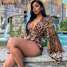Kesiachiccly Sexy Bandage Leopard Playsuit Women V Neck Bodycon Rompers Female Active Streetwear Slim Short Jumpsuit Overalls 2024 - buy cheap