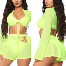 Sexy Beach Cover Up Bikini Women Swimsuit Cover-up Bathing Suit Beach Wear Swimwear Mesh Tops+Shorts 2pcs Tunic Robe 2024 - buy cheap