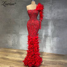 Lowime Feathers Red Evening Dresses Long Handmade Beading Sequins Formal One Shoulder Party Dress Dubai Arabic Luxury Prom Dress 2024 - buy cheap