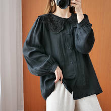 Johnature Women Black Vintage Loose Shirts Linen Autumn Blouses Button 2021 New Peter Pan Collar Female Clothes Casual Shirt Top 2024 - buy cheap