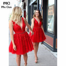 Elegant Red Homecoming Party Dresses with Beaded Appliques Deep V-Neck Tulle Short Women Formal Evening Homecoming Dresses 2024 - buy cheap