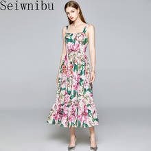 Seiwnibu luxury Runway Summer Party Spaghetti Strap Long Dresses Women's Charming Flower Print Ruffles Sexy Dress Vestdios 2024 - buy cheap