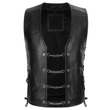 Cow Real Mens Motorcycle Biker Rock Chain Collarless Vests Waistcoat Black Side Laced up Genuine Leather Vest 2024 - buy cheap